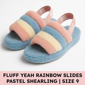 UGG Fluff Yeah Slide Rainbow Shearling Sandals Pastel Cozycore Size 9